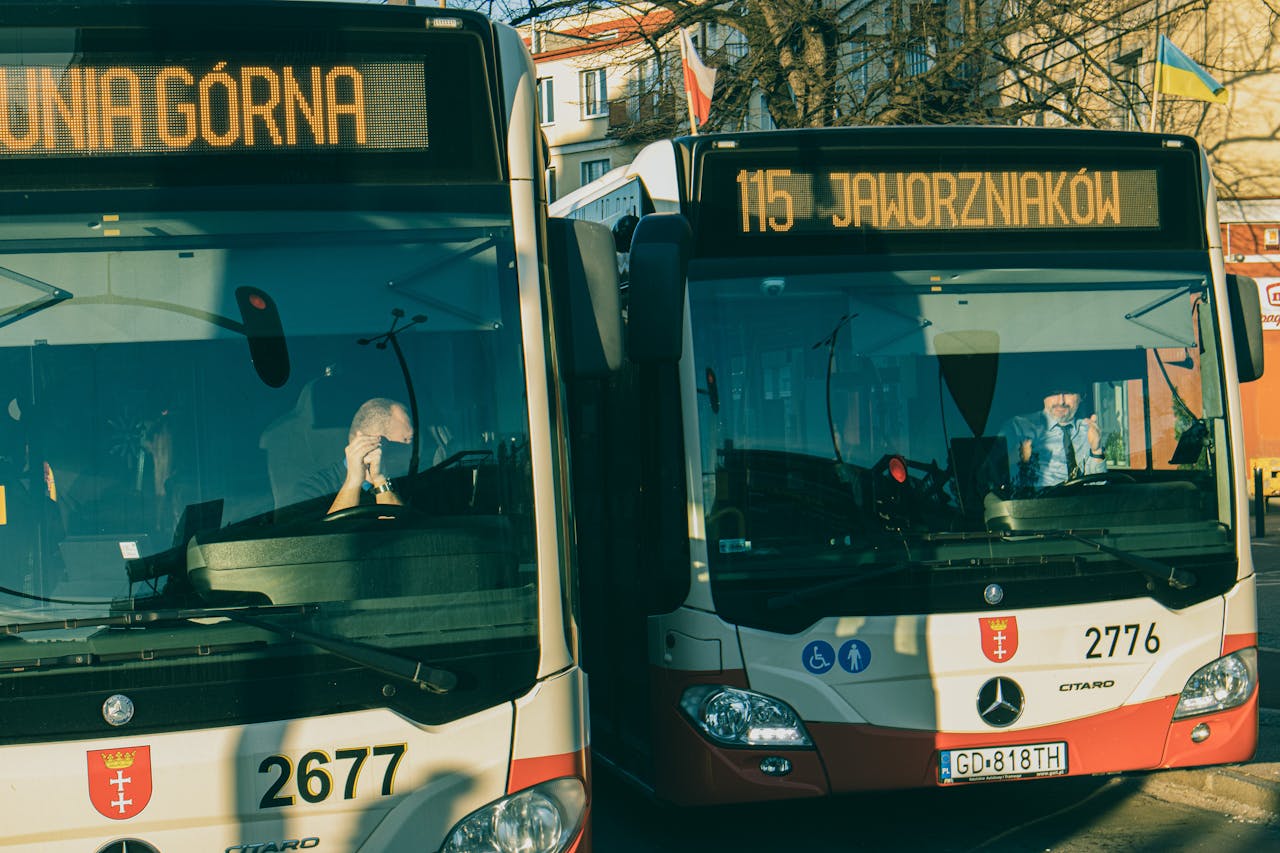 Two public buses at a station in Gdańsk, offering a glimpse of local transportation.